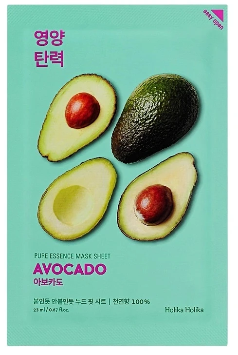 Holika Holika Pure Essence Mask Sheet - Avocado minkštinanti ir drėkinanti veido odą lakštinė veido kaukė su avokadų ekstraktu, 20 ml