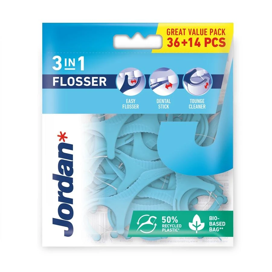 Jordan Flosser 3in1 dantų krapštukai su siūlų ir liežuvio valikliu 50vnt.