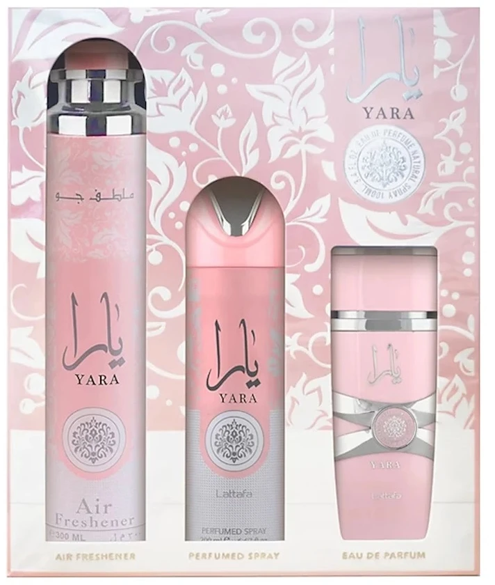 Lattafa Yara EDP rinkinys moterims (EDP 100 ml + Dezodorantas 200 ml + Air Freshener 300 ml)