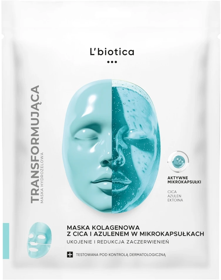Lbiotica Biovax L'biotica Kolageno kaukė su CICA ir azulenu mikrokapsulėse. Ramina ir mažina paraudimą. 1 vnt.