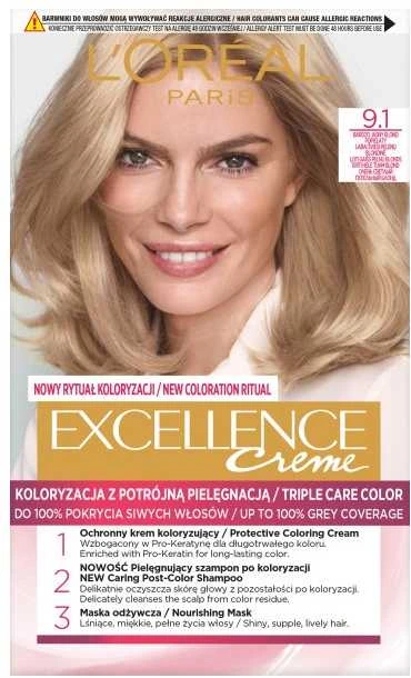 L'Oreal Excellence Creme 9.1 pakuotė su modeliu
