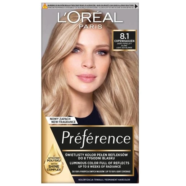 L'Oreal Preference 8.1 šviesiai pelenų blondinė dažų pakuotė