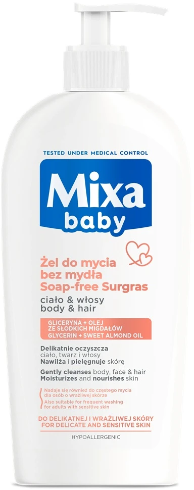 Mixa Baby 2in1 švelnus šampūnas ir prausiklis plaukams bei kūnui be muilo 400ml