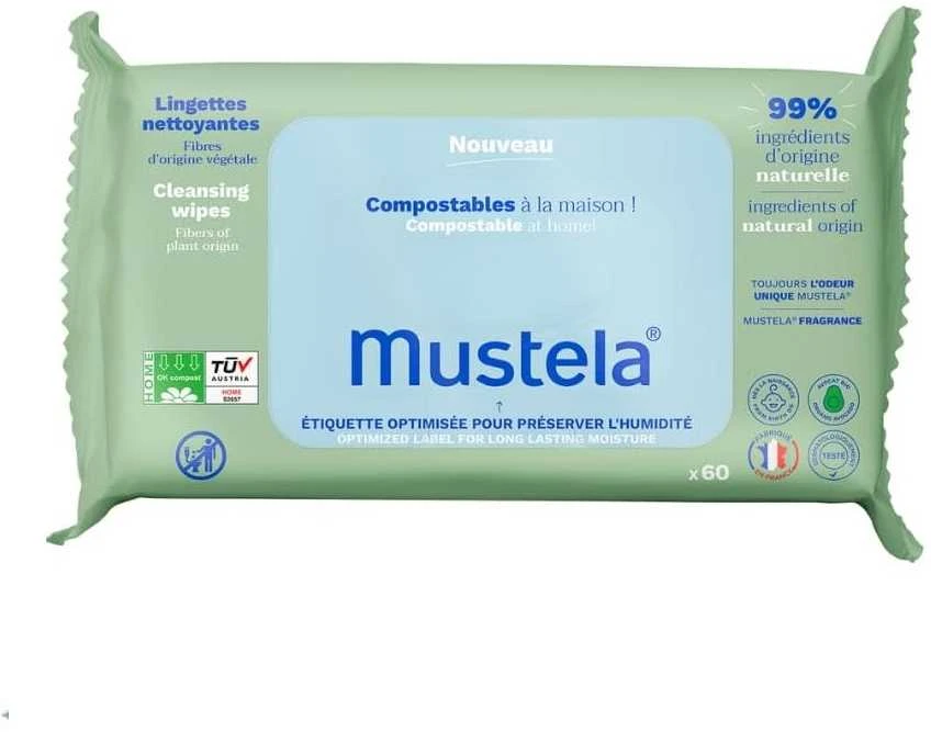 Mustela Baby Compostable Cleaning Wipes With Fragrance drėgnos valomosios servetėlės vaikams, 60 vnt.