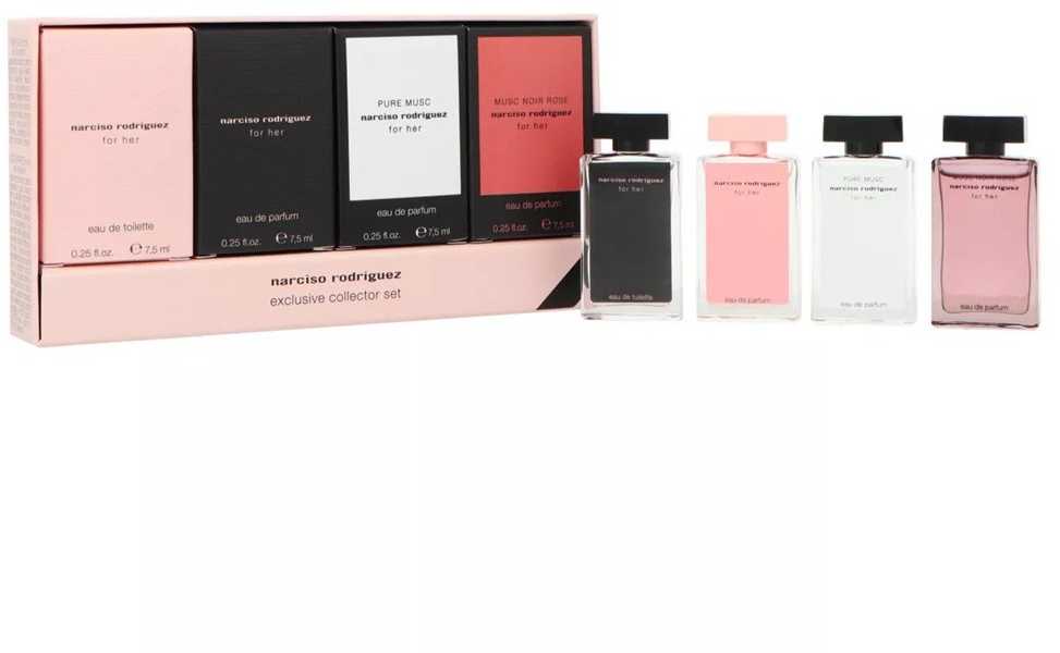 Narciso Rodriguez Exclusive Collector komplektas tualetiniam vandeniui For Her 7,5 ml + Parfuminiam vandeniui 7,5 ml + Pure Musc parfuminiam vandeniui 7,5 ml + Musc Noir Rose parfuminiam vandeniui 7,5 ml