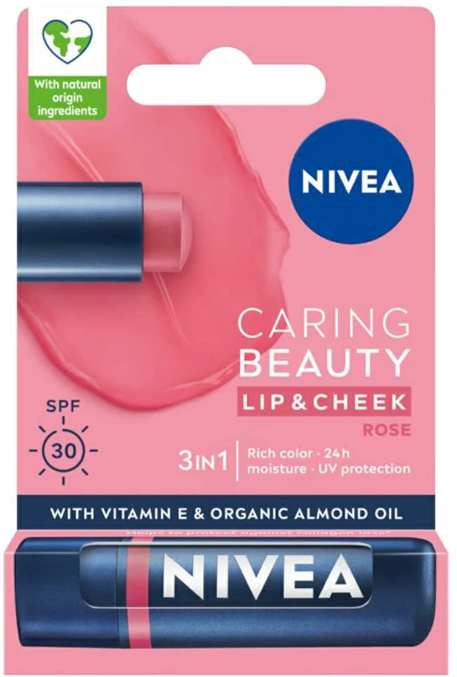 Nivea Caring Beauty lūpų ir skruostų balzamas „Rožė“, 4,8 g