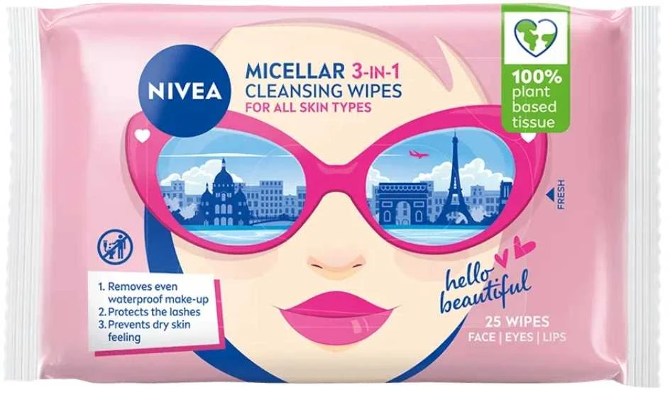 Nivea MicellAir Skin Breathe 3in1 biologiškai skaidžios micelinės makiažo valiklio servetėlės 25vnt.