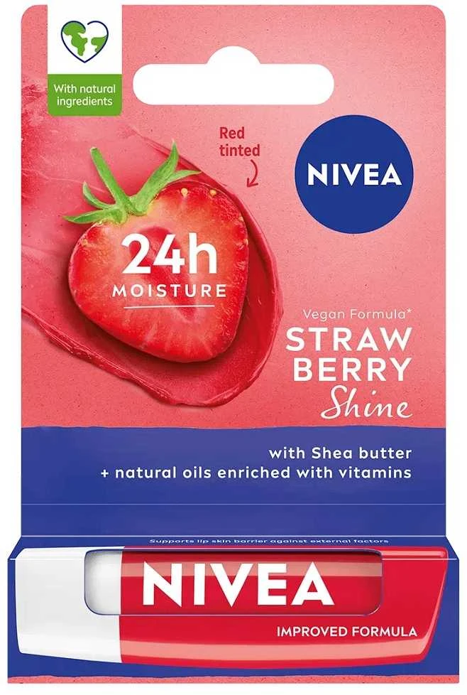 Nivea 24H Moisture lūpų dažai su braškių blizgesiu, 4,8 g