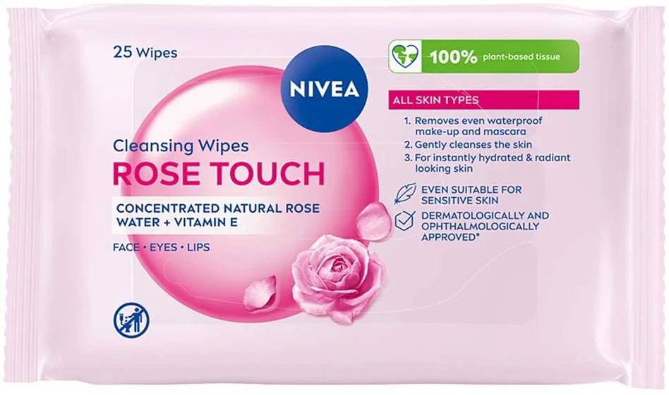 Nivea Rose Touch micelinės servetėlės su ekologišku rožių vandeniu, 25 vnt.