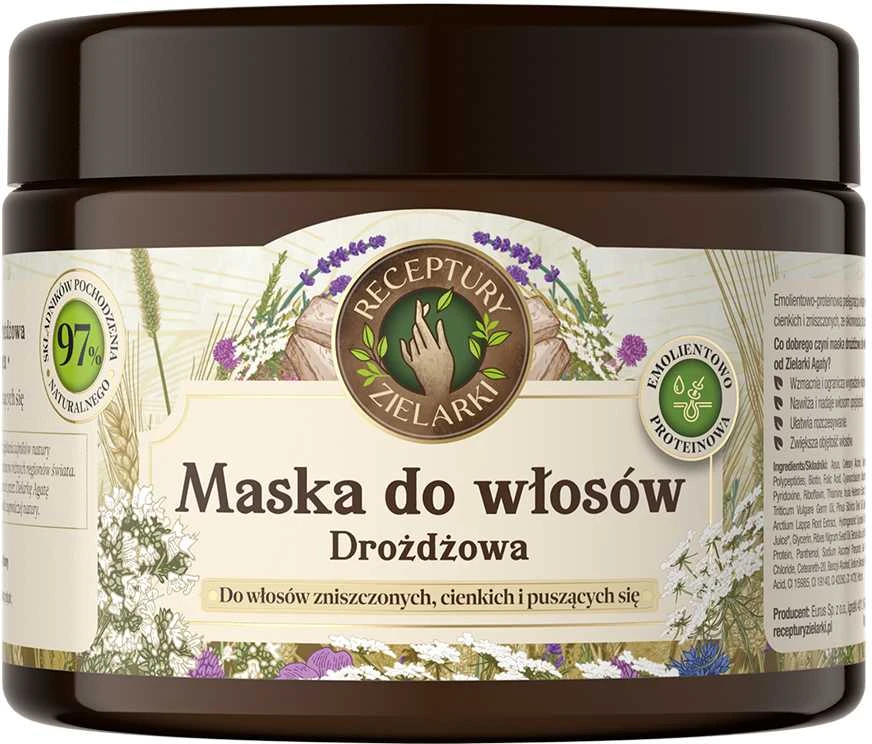 Receptury Zielarki ŽOLŲ RECEPTAI Home Traditions Mielių kaukė pažeistiems, ploniems ir slenkantiems plaukams 300ml