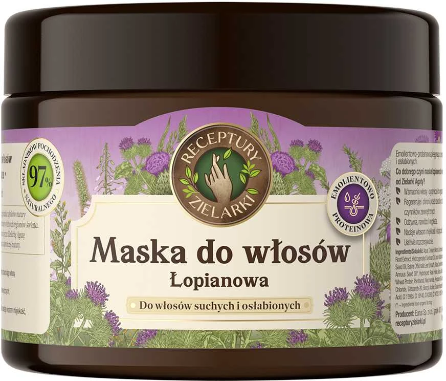 Receptury Zielarki ŽOLĖLIŲ RECEPTAI Skarby Pone varnalėšų kaukė sausiems ir nusilpusiems plaukams 300ml