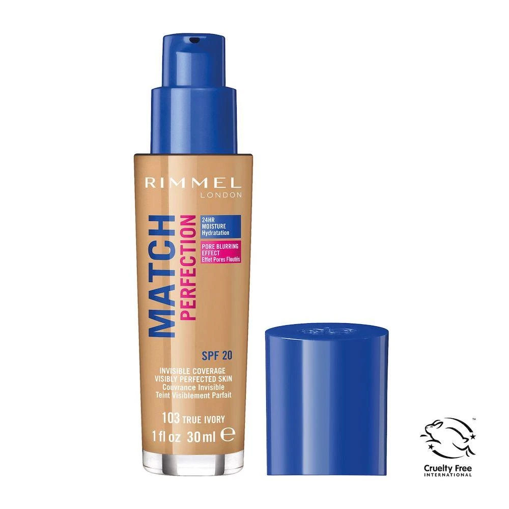 Rimmel London Match Perfection SPF20 makiažo pagrindas Moterims 30 ml, True Ivory 103 - Neutral