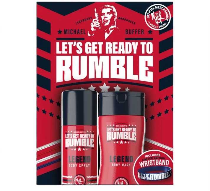 Rumble Men „Legend“ rinkinys dezodorantams ir kūno purškikliui (150 ml) bei dušo želei (250 ml).