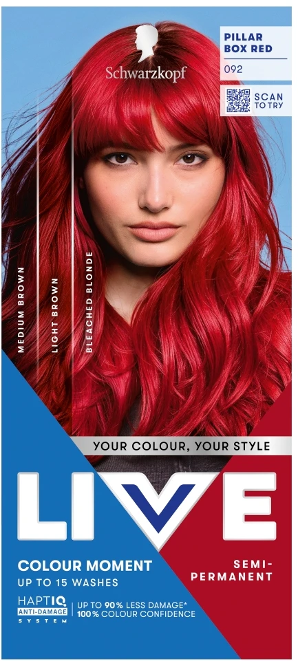 „Schwarzkopf Live Ultra Brights“ arba „Pastel 092 Vivid Raudona“.