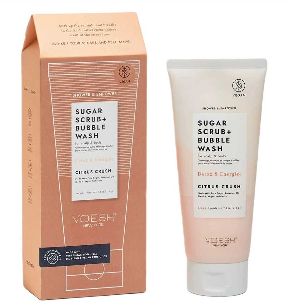 VOESH_Cukraus šveitiklis + burbulinis prausiklis galvos odai ir kūnui Citrus Crush 210g