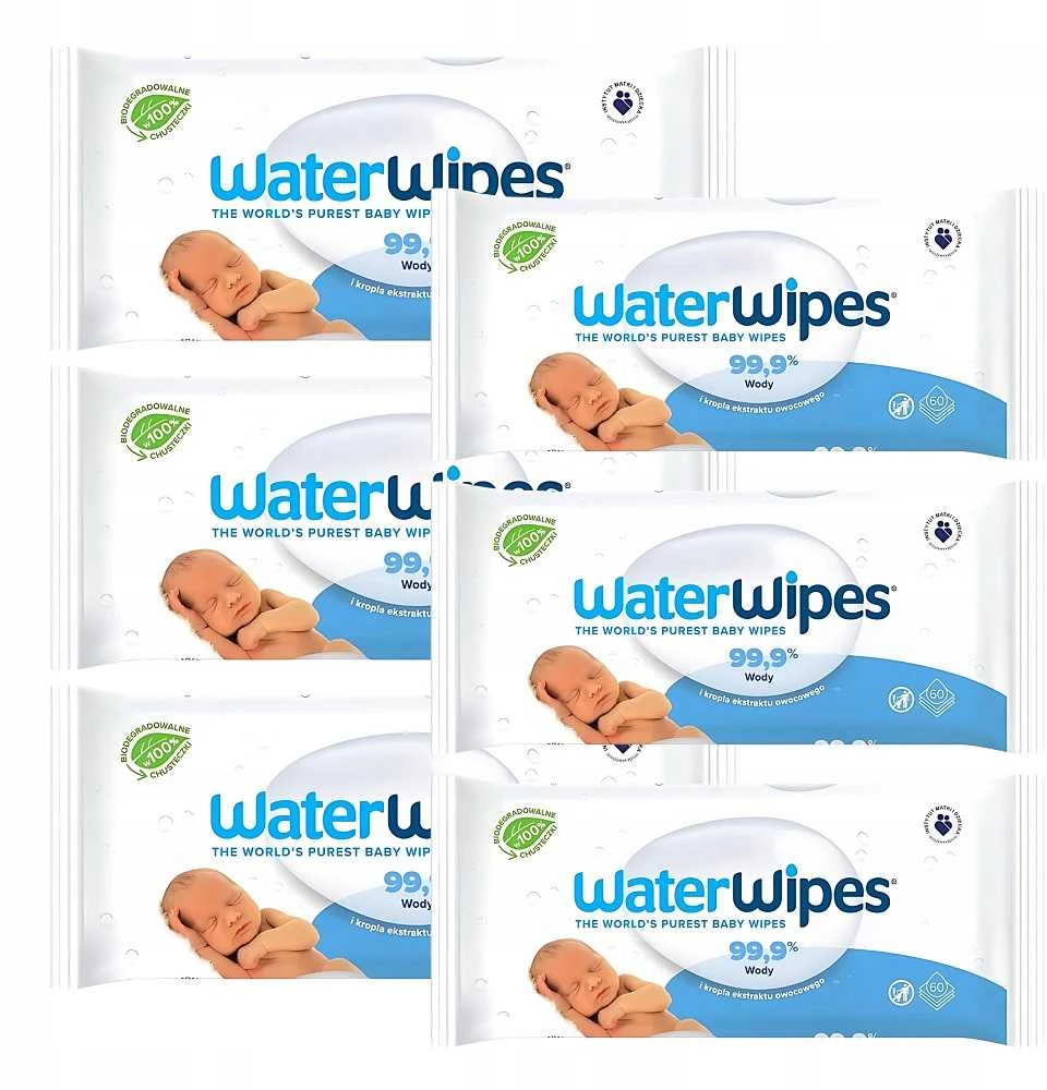 WATER WIPES WATERWIPES DRĖGNOS SERVETĖLĖS 6 PAKUOTĖS PO 60 VNT. BIODEGRADABLE