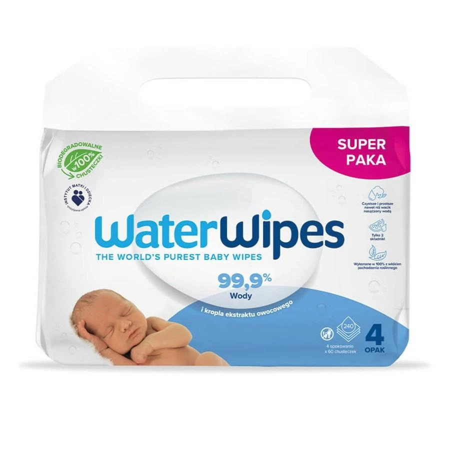 WATER WIPES WATERWIPES DRĖGNOS SERVETĖLĖS, 4 PAKUOTĖS PO 60 VNT., BIODEGRADABLE