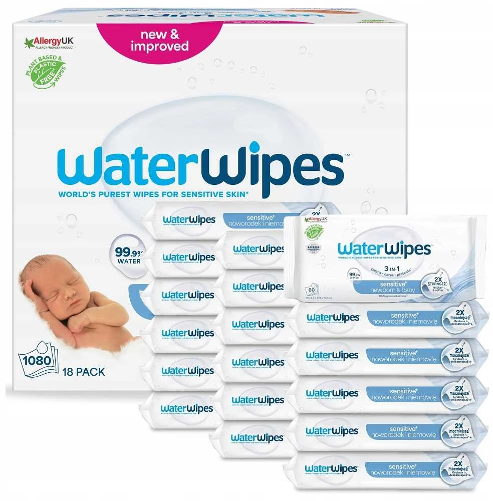 WATER WIPES WATERWIPES DRĖGNOS SERVETĖLĖS 18 PAKUOČIŲ PO 60 VNT. BIODEGRADABLE
