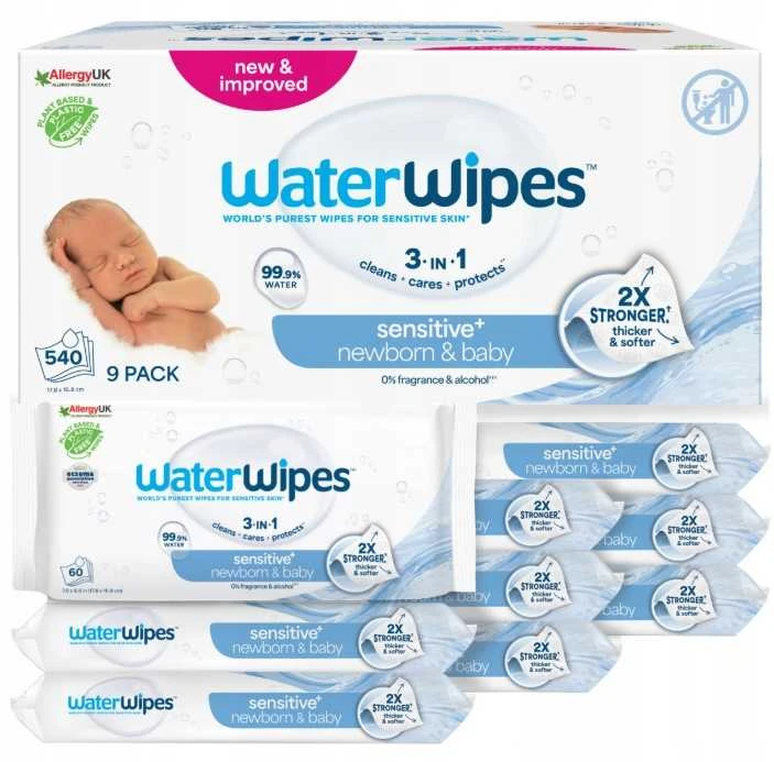 WATER WIPES WATERWIPES DRĖGNOS SERVETĖLĖS 9 PAKUOTĖS PO 60 VNT. BIODEGRADABLE