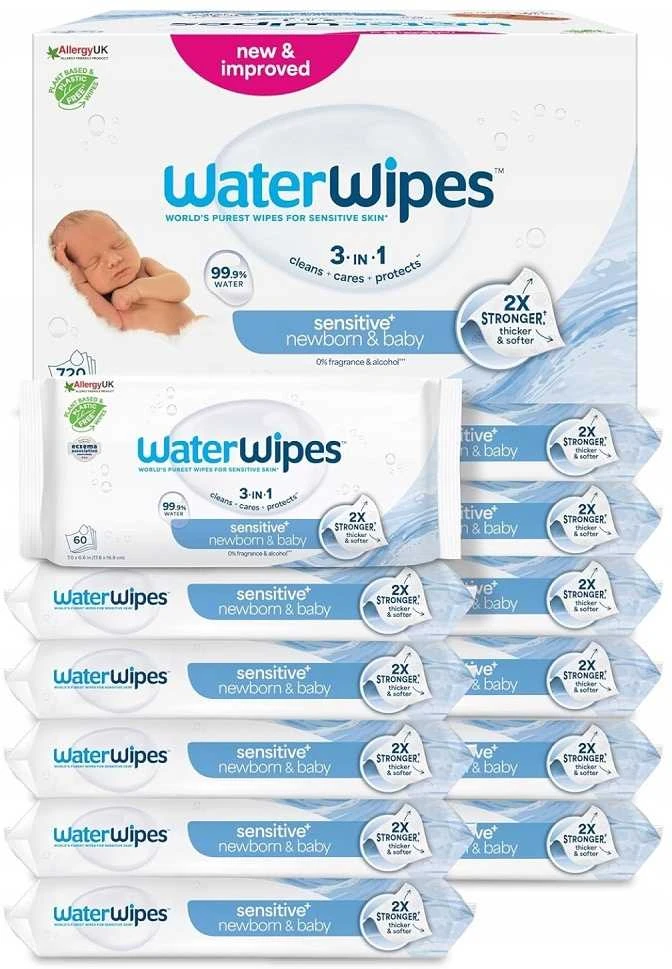 WATER WIPES WATERWIPES DRĖGNOS SERVETĖLĖS 12 PAKUOČIŲ PO 60 VNT. BIODEGRADABLE