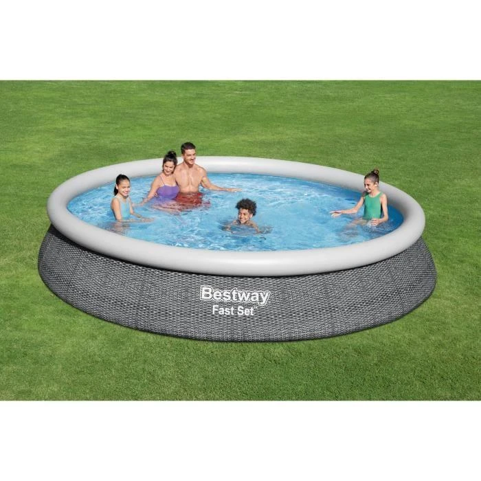 Bestway® Fast Set™ antžeminio baseino komplektas su filtravimo siurbliu Ø 457 x 84 cm, rotango išvaizdos (skalūno pilka), apvalus
