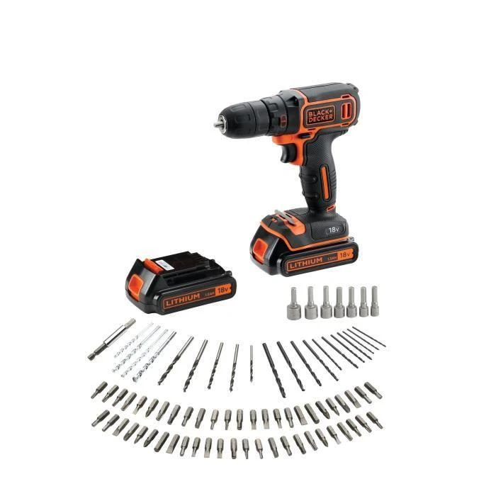 Akumuliatorinis gręžtuvas-suktuvas Black & Decker BDCDC18BAFC + 2x1.5Ah + antgalių rinkinys