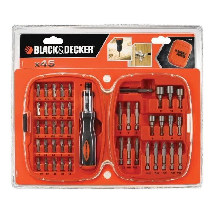 Black & Decker „Juodas & Decker“ 45 antgalių ir galvučių rinkinys 1/4' terkšlei Juodas+DECKER [A7039-XJ]