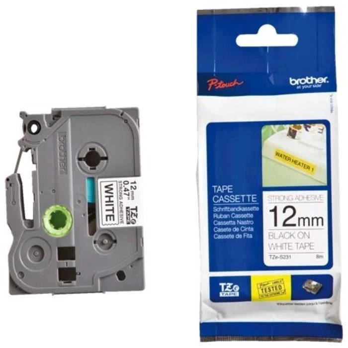 Brother | TZ-S231 Strong Adhesive Laminated Tape | Juodas on Baltas | TZe | 8 m | 1.2 cm