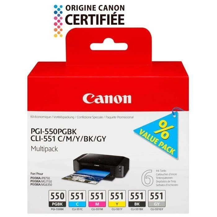 Canon PGI-550PGBK + CLI551 (PGBK/C/M/Y/BK/GY) Originalus Foto juoda, Foto žydra, Foto pilka, Foto magenta, Juoda, Fotografinė geltona 6 vnt