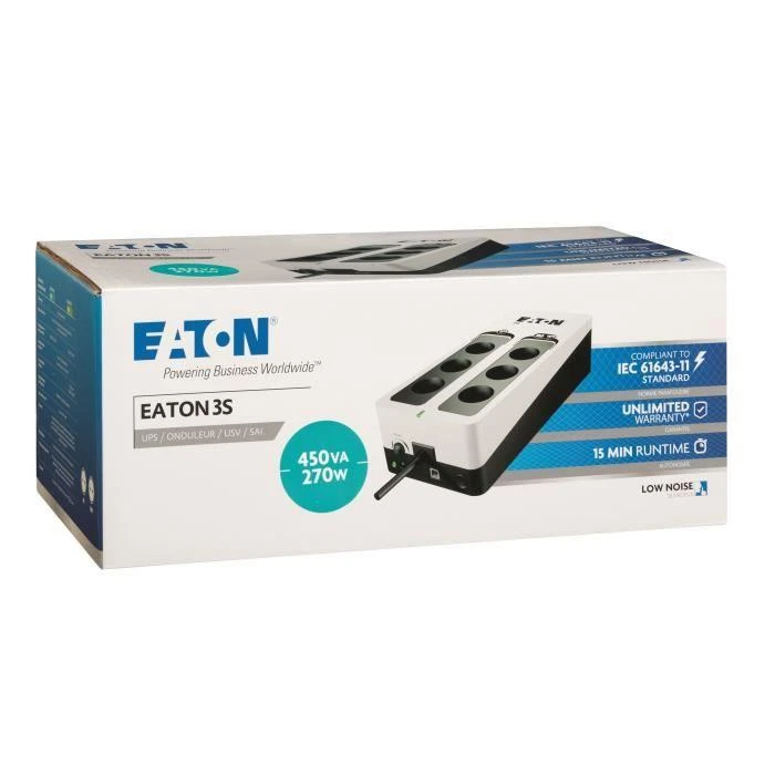 Eaton 3S450F nepertraukiamo maitinimo resursai (UPS) Budėjimo režimas (neprisijungus) 450 VA 270 W 6 AC išvestis(ys / čių)