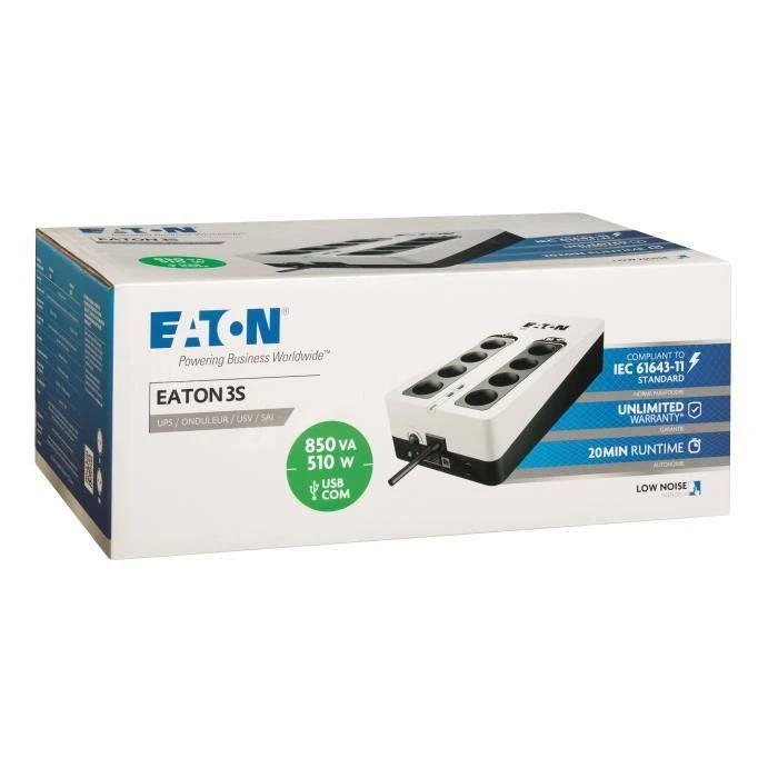 Eaton 3S850F nepertraukiamo maitinimo resursai (UPS) Budėjimo režimas (neprisijungus) 850 VA 510 W 8 AC išvestis(ys / čių)