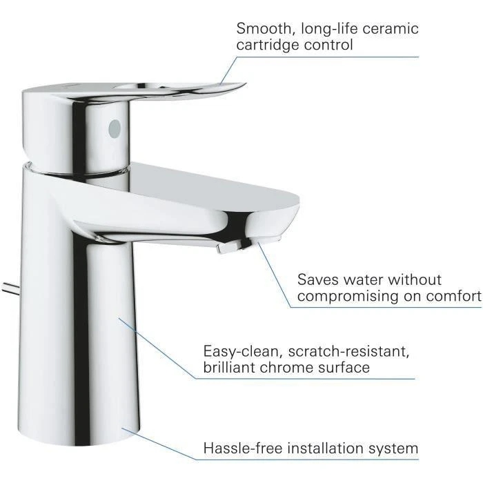 Grohe BauLoop S praustuvo maišytuvas su dugno vožtuvu (plastik), chromas