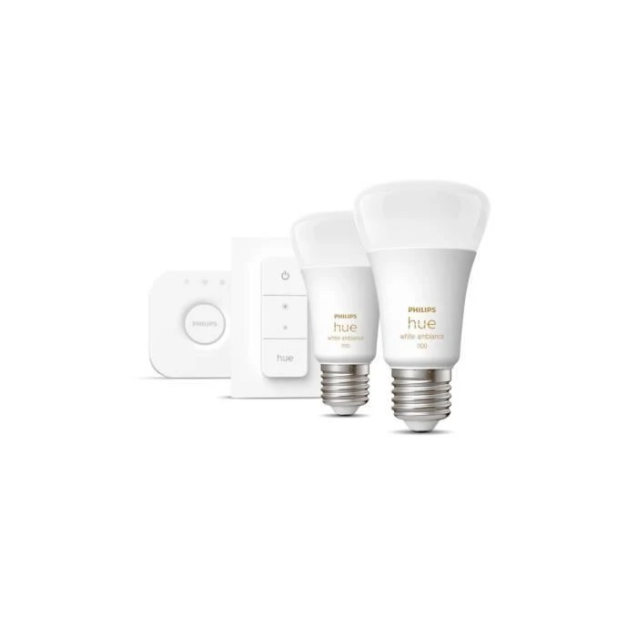 Philips Hue "White ambiance” pradžios rinkinys: 2 E27 išmaniosios lemputės (1100) + šviesos reguliatoriaus jungiklis