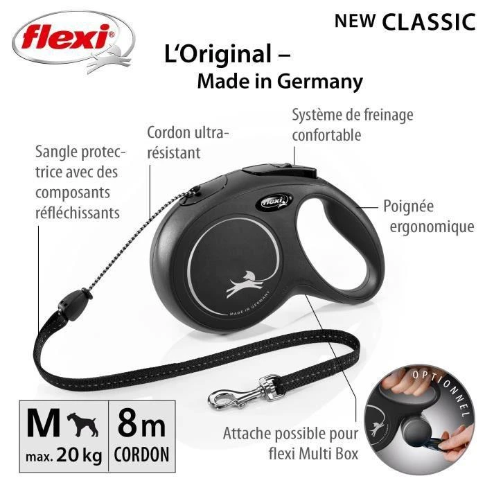 Flexi New Classic M pavadėlis šunims iki 20kg virvinis 8m juodos spalvos