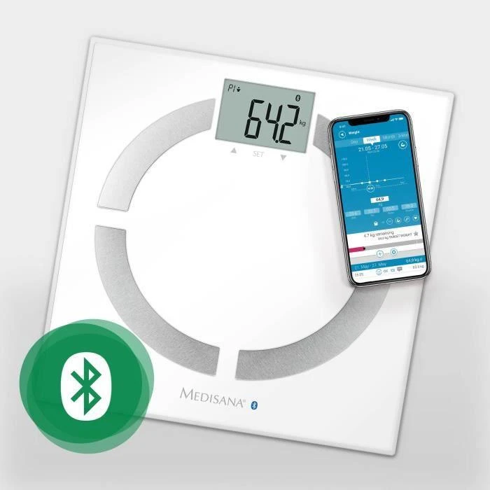 Medisana BS 444 kūno analizės svarstyklės, nerūdijančio plieno, Bluetooth | Medisana | BS 444 | Automatinis išjungimas | Kūno riebalų analizė | Kūno masės indekso (KMI) matavimas | Kūno vandens procentas | Kaulų masės analizė | Maksimalus svoris (keliamoji galia) 180 kg | Atminties funkcija | Keli vartotojai | Kūno skalė