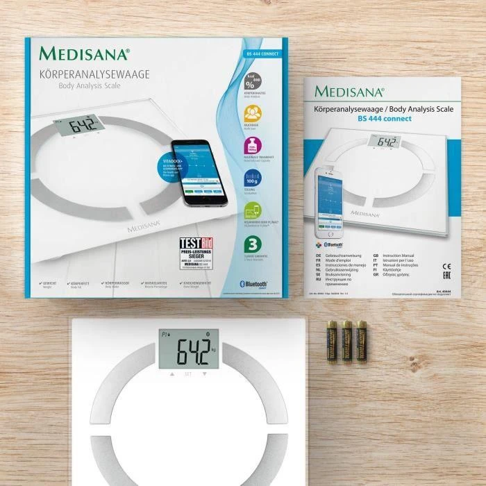 Medisana BS 444 kūno analizės svarstyklės, nerūdijančio plieno, Bluetooth | Medisana | BS 444 | Automatinis išjungimas | Kūno riebalų analizė | Kūno masės indekso (KMI) matavimas | Kūno vandens procentas | Kaulų masės analizė | Maksimalus svoris (keliamoji galia) 180 kg | Atminties funkcija | Keli vartotojai | Kūno skalė