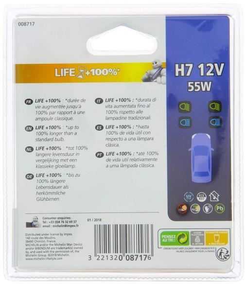 Michelin halogeninės automobilių lemputės H7 12 V 55 W Life +100% 008717