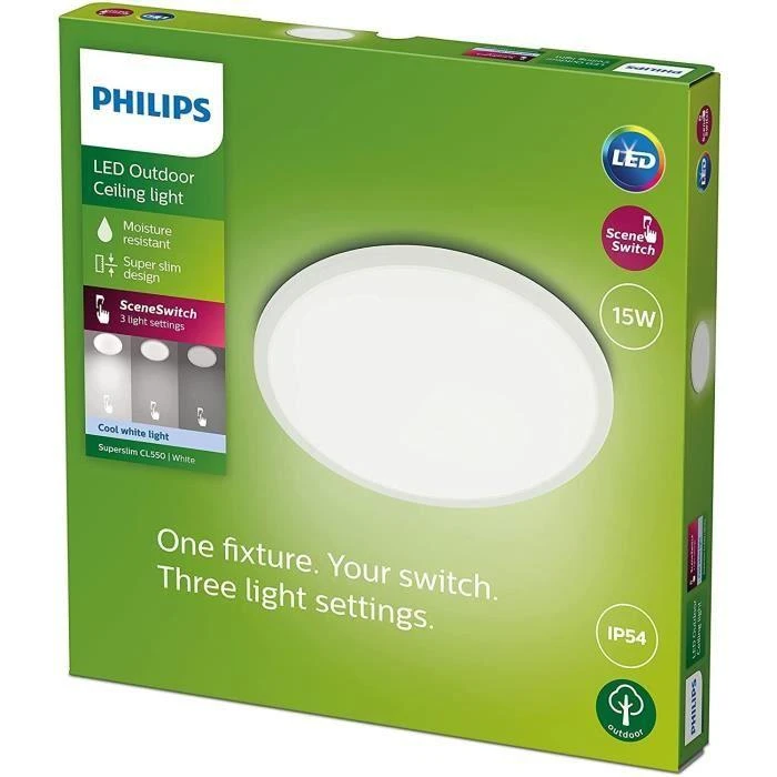 Lubinis šviestuvas Šviestuvas Philips SuperSlim, 15W, LED, IP54, baltas, 25 cm