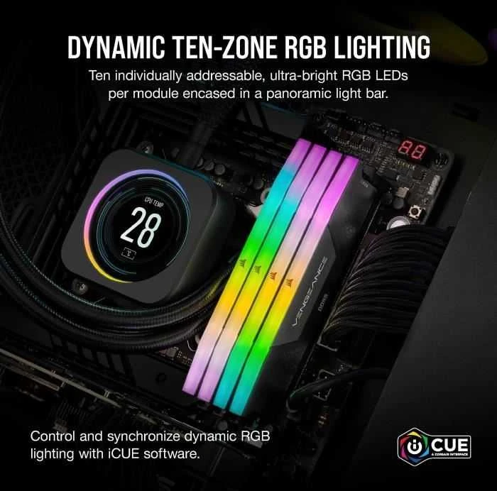 Operatyvioji atmintis (RAM) CORSAIR VENGEANCE RGB 32GB 2x16GB DDR5 5200MHz DIMM Unbuffered 40-40-40-77 XMP 3.0 Juodas Heatspreader RGB LED 1.25V