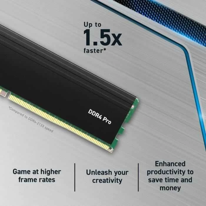 Crucial Pro RAM modulis su našumo palyginimo vizualizacija