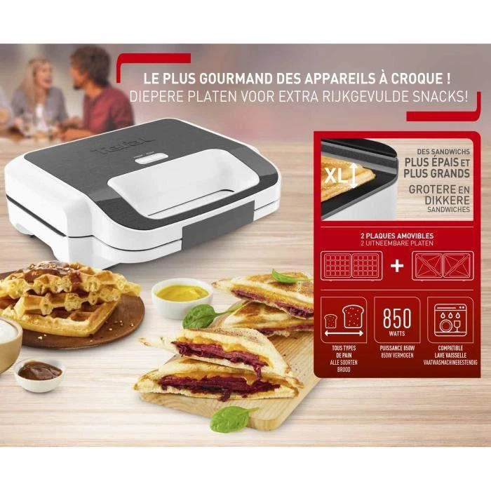 Sumuštinių keptuvas TEFAL | Vaflių gaminimo užkandis XL | SW701110 | 850 W | Kepinių skaičius 2 | Belgija | Baltas/Pilkas