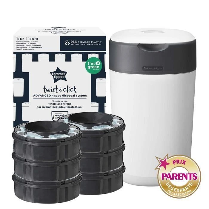TOMMEE TIPPEE SANGENIC TWIST AND CLICK ADVANCED SAUSKELNIŲ KONTEINERIO IR 6 VNT. KASEČIŲ RINKINYS, Baltas