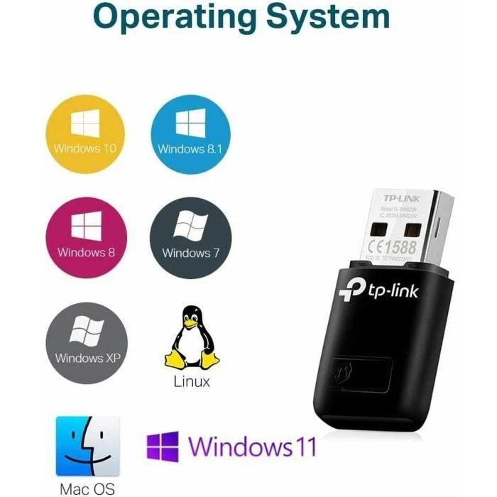 TP-LINK N300 WLAN Mini-USB adapteris, 2,4 GHz, 802.11b/g/n, QSS mygtukas, Autorun įrankis, palaiko Windows XP/Vista/7/8 ir MacOS