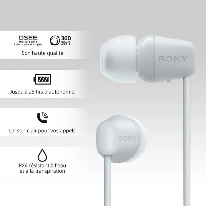 Belaidės į ausį įdedamos ausinės Sony WI-C100, Baltos