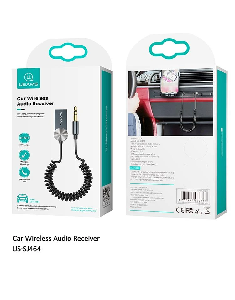 USAMS Bluetooth 5.0 AUX adapterio pakuotė, priekis ir nugarėlė