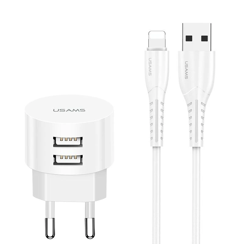 Usams kelioninis USB įkroviklis + lightning laidas , Baltas