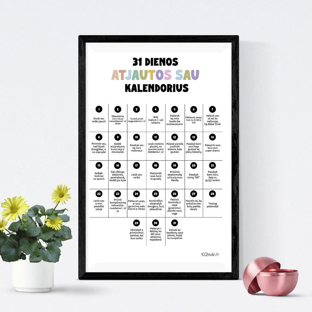 EQhub „31 dienos atjautos sau kalendorius“ - ugdantys plakatai emocinio intelekto lavinimui, dekoracijos vaiko kambariui ar klasei - A3 formatu