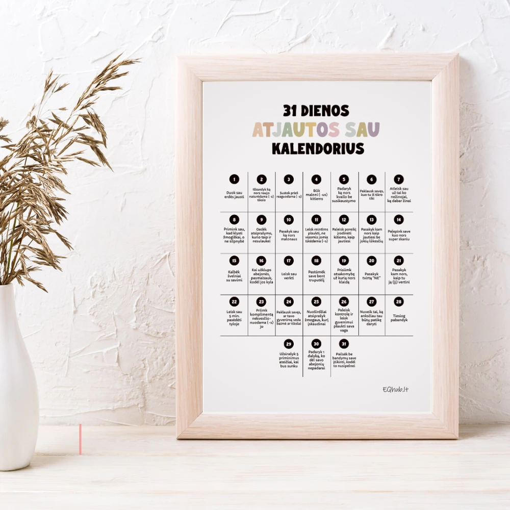 EQhub „31 dienos atjautos sau kalendorius“ - ugdantys plakatai emocinio intelekto lavinimui, dekoracijos vaiko kambariui ar klasei - A3 formatu