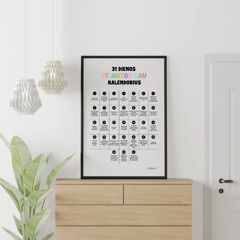 EQhub „31 dienos atjautos sau kalendorius“ - ugdantys plakatai emocinio intelekto lavinimui, dekoracijos vaiko kambariui ar klasei - A3 formatu