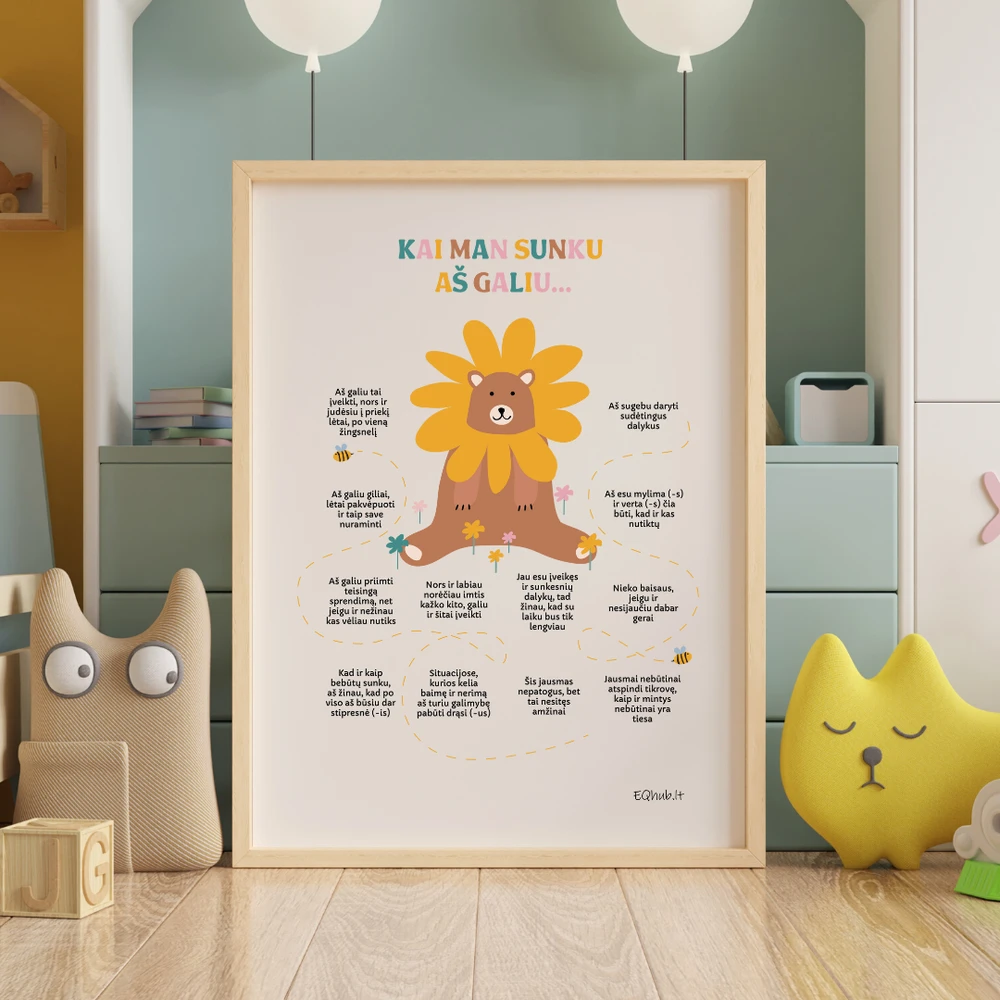 EQhub „Kai man sunku aš galiu“ - ugdantys plakatai emocinio intelekto lavinimui, dekoracijos vaiko kambariui ar klasei - A3 formatu